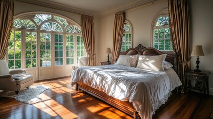 Poster - Elegant Bedroom Bathed in Natural Light with Decorative Windows and Classic Furnishings