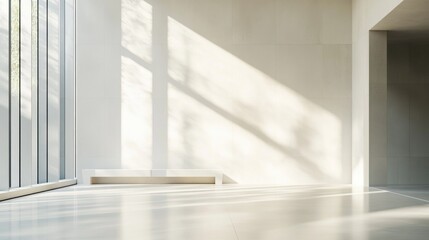 Wall Mural - Bright and airy minimalist lobby featuring high ceilings and natural light flooding through large windows