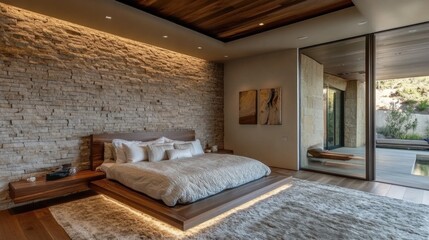 Wall Mural - Minimalist Luxury Bedroom Featuring Stone Wall and Floating King Bed in a Harmonious Space with Natural Light