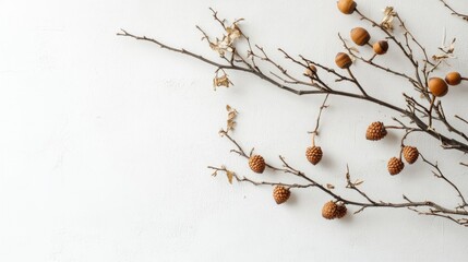 Poster - Natural still life composition featuring acorns and dry twigs against a light neutral backdrop for a minimalist aesthetic design.