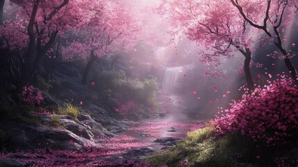 Poster - Serene landscape with vibrant pink cherry blossoms and a peaceful waterfall amidst lush greenery and natural beauty.