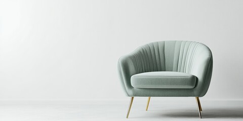 Poster - modern minimalist light green armchair with gold legs on white background showcasing empty space for