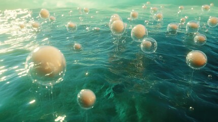 Poster - Hydrogen bubbles ascending in tranquil ocean waters creating an enchanting underwater scene with reflections and light play.