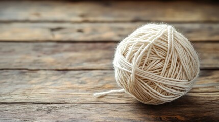 Poster - Crafting Yarn Ball on Rustic Wooden Surface Ideal for Knitting and DIY Projects