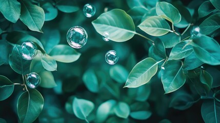 Poster - Fresh green leaves with bubbles creating a serene nature backdrop ideal for eco-friendly and wellness themes.