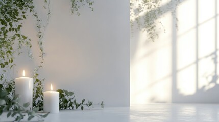 Poster - Calm minimalist white interior with burning candles and decorative greenery enhancing tranquility in a nearly monochrome ambiance