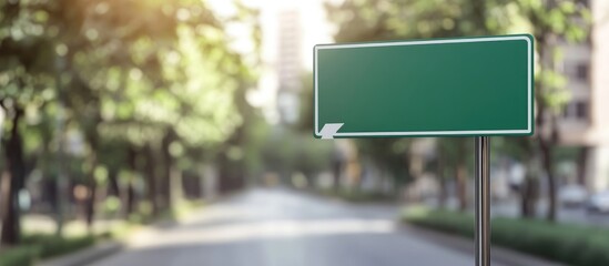Poster - Green road sign with blank space for text in urban setting surrounded by greenery ideal for advertising and marketing templates.