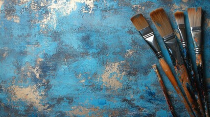 Poster - dynamic aerial view of colorful textured background with paintbrushes creating a blank space for cre