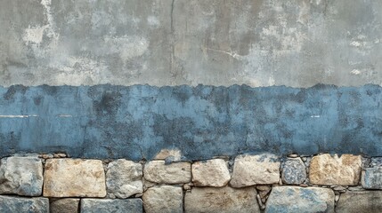 Poster - Textured grey and blue concrete wall with rustic stone tiles and wooden boards creating a unique background panorama for various designs
