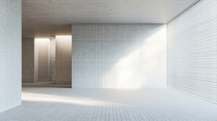 Wall Mural - Minimalist Public Restroom Design Featuring Mosaic Tiles and Spacious Unoccupied Interior with Natural Light