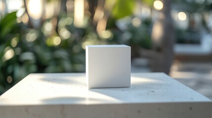 Wall Mural - Minimalist White Cube on Countertop with Soft Outdoor Bokeh for Elegant Product Display High-Quality Photography