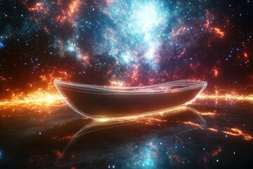 Poster - Cosmic boat floating in a vibrant galaxy with colorful stars and fiery nebula
