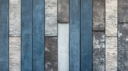 Poster - Concrete wall with textured stone tiles and wooden boards in blue and grey colors creating a modern architectural background panorama.