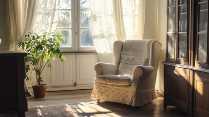 Poster - Cozy Farmhouse Living Room Bathed in Natural Light with a Potted Plant and Warm Decor Elements
