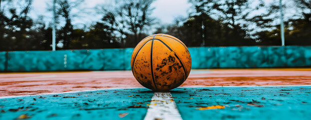 Wall Mural - Worn ball on outdoor court, trees blurred