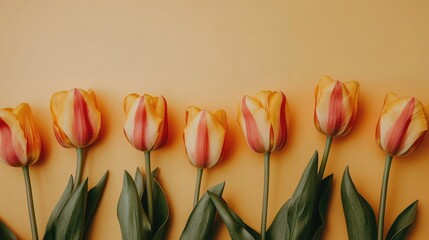 Wall Mural - Colorful row of orange tulips with yellow edges and green leaves against a soft yellow background creating a cheerful floral display.