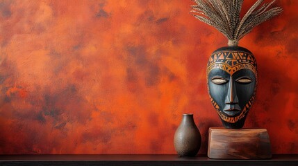 Poster - African Interior Design with Ethnic Decor Elements including Wooden Mask and Vase against Vibrant Textured Background and Empty Copyspace