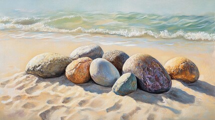 Poster - Natural stones scattered on serene beach sand with gentle ocean waves in the background creating a peaceful coastal scene.
