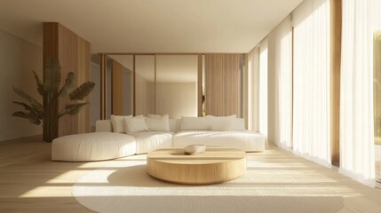 Poster - Minimalist living room featuring a white sofa round coffee table and wooden accents with bright natural light creating a cozy atmosphere