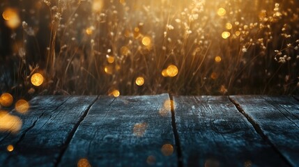 Poster - Rustic wooden texture background with soft bokeh lighting effects and grass for product display or nature-themed design concepts