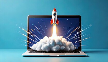 laptop rocket launch: dynamic digital startup illustration