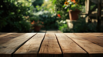 Poster - Natural Wood Table in Lush Garden Setting with Soft Focus on Background Elements