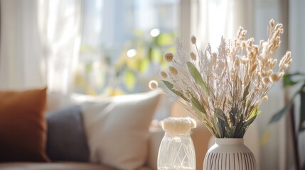 Poster - Sunlit Home Interior Featuring Decorative Vase of Dried Flowers and Soft Textiles in a Cozy Living Space