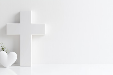 Poster - An abstract medical cross is placed at the center of a clean white studio. A subtle heart shape inside conveys calmness, surrounded by soft midday light creating a peaceful healing atmosphere