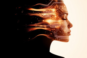 Poster - This artwork showcases a minimal female silhouette adorned with a circuit-like hair pattern, set against a neutral background in soft midday light, representing a tech-infused identity