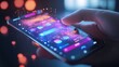 © Justlight - Hand holding mobile phone with holographic user interface and colorful lights in blurred background, showcasing innovative technology and user experience