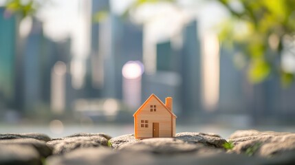 Real estate concept miniature wooden house model with blurred contemporary skyline in background highlighting urban development and housing options