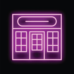 Poster - Glowing neon sign depicting a building facade at night