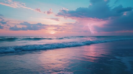 Wall Mural - serene beach landscape at sunset featuring gentle waves and dramatic lightning in the sky creating a