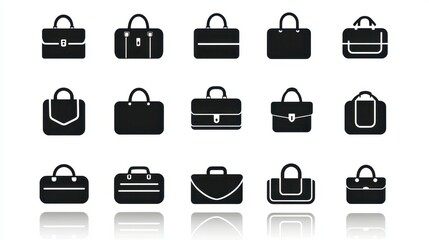 Poster - Collection of black and white briefcase icons with subtle reflections, various shapes and sizes, simple design, suitable for business or corporate