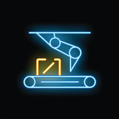 Poster - Neon sign depicting a robotic arm moving boxes on a conveyor belt, symbolizing automation in logistics and manufacturing