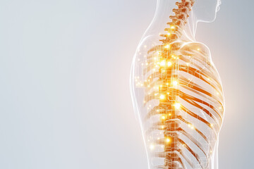 Poster - The image portrays a minimalist representation of a thin line human spine adorned with circuit patterns. This depiction highlights the concept of body-tech integration in bright, even midday light