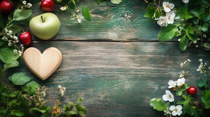 Wall Mural - Organic Love Heart Surrounded by Fresh Fruits and Flowers on Rustic Wooden Background