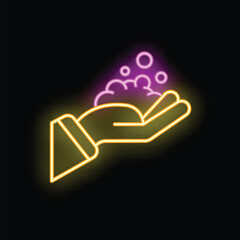 Poster - Neon sign of a hand holding bright soap suds, promoting hygiene and cleanliness