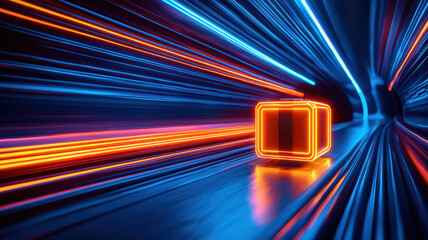 Poster - glowing cube with neon lights in futuristic tunnel