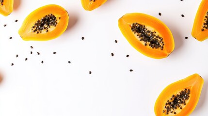 Wall Mural - Organic ripe papaya halves with black seeds arranged on a clean white background showcasing fresh tropical fruit and its vibrant color.