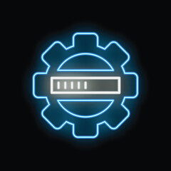 Poster - Glowing neon blue gear with loading bar symbolising software development process