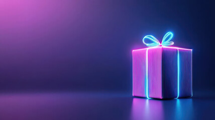 Poster - glowing neon gift box on dark background