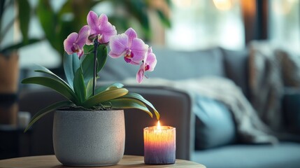 Wall Mural - Orchid plant in decorative pot with lit candle on wooden table next to cozy armchair in modern living room interior setting