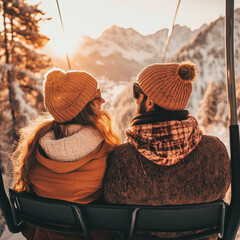 two people on a cable car in the mountains