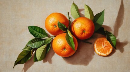 Wall Mural - Vibrant oranges with lush green leaves displayed on a beige linen kitchen cloth for a fresh and natural look.