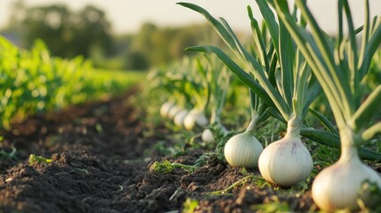 Wall Mural - Organic Fresh Onions Growing in Row at Agricultural Farm or Vegetable Market on Sunny Day in Green Field