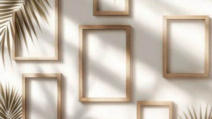 Wall Mural - Natural wooden photo frames casting shadows with plant leaves, featuring blank spaces for text or images, in various sizes and shapes.