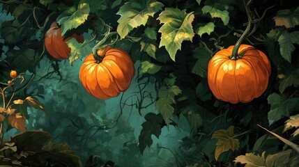 Wall Mural - Vibrant orange pumpkins nestled among lush green vines in a serene outdoor garden setting showcasing autumn beauty.