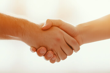 Poster - In a bright, neutral setting, a human hand engages in a stylized handshake with a robotic arm, representing future cooperation and harmony between technology and humanity