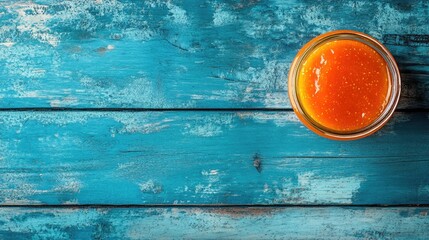 Canvas Print - Organic Peach Jam in Glass Jar on Vintage Blue Wooden Background with Room for Text